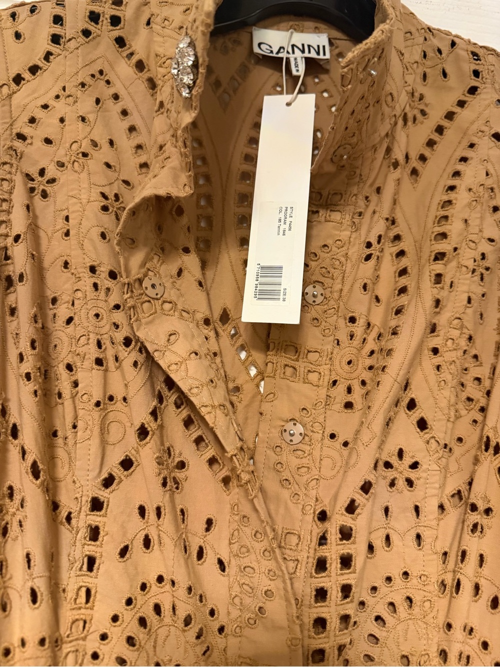 Ganni Tan Broderie Anglaise Midi Dress with Puff Sleeves - Picture 7 of 9